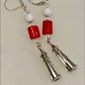 Artisan handmade earrings red shell bead/lighthous